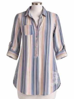 Subtle Luxury Boyfriend Embroidery Shirt Boho Striped Tunic Cotton M/L